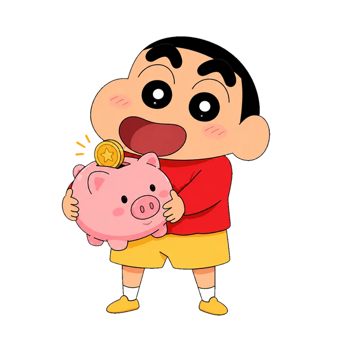 ชินจังยิ้มสดใส ถือกระปุกหมูสีชมพู